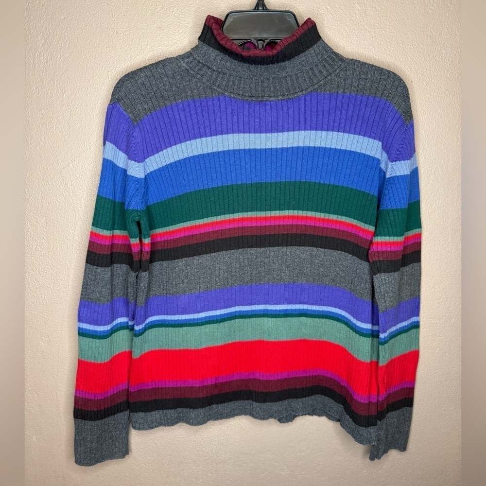 90s Vintage Crazy Horse by Liz Claiborne Striped Turtle Neck Knit Sweater Large